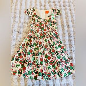 Festive Ivory Fit-and-Flare Dress with Red & Green Holiday Print